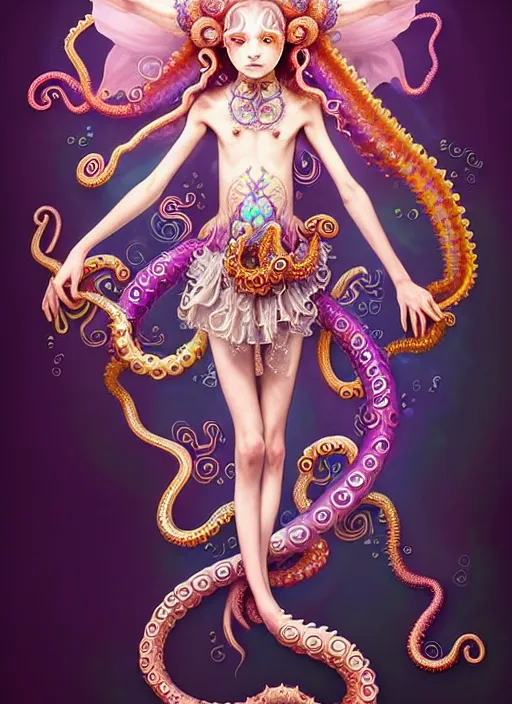 Image similar to A full body shot of a cute young magical girl wearing an ornate dress made of opals and tentacles. Monster GIrl. Subsurface Scattering. Dynamic Pose. Translucent Skin. Rainbow palette. defined facial features, symmetrical facial features. Opalescent surface. Soft Lighting. beautiful lighting. By Giger and Ruan Jia and Artgerm and WLOP and William-Adolphe Bouguereau. Photo real. Hyper-real. Photorealism. Fantasy Illustration. Sailor Moon hair. Masterpiece. trending on artstation, featured on pixiv, award winning, cinematic composition, dramatic pose, sharp, details, Hyper-detailed, HD, HDR, 4K, 8K.