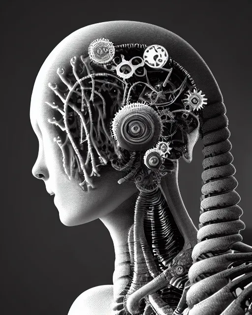 Image similar to mythical black and white organic bio-mechanical spinal ribbed profile face portrait detail of mechanical beautiful female angelic-vegetal-cyborg, highly detailed, intricate steampunk ornate, poetic, 3D render, digital art, octane render, 8K artistic photography, photo-realistic, by Dora Maar