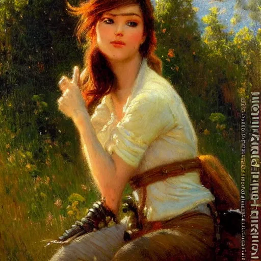 Prompt: intimate Gaston Bussiere portrait of Tracer (Overwatch) in the midst of serene natural scenery