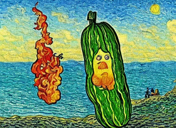 Prompt: a beautiful painting of a funky cucumber smoking a joint on the beach with friends, masterpiece by Van Gough