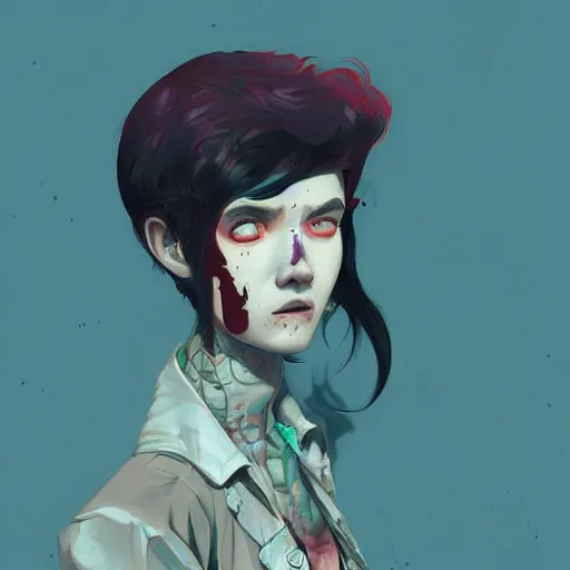 Image similar to Highly detailed portrait of a punk zombie young lady by Atey Ghailan, by Loish, by Bryan Lee O'Malley, by Cliff Chiang, ((dark blue moody background))