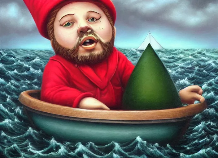 Image similar to a terrified garden gnome sailing in a bucket, background of raging ocean on a stormy day with dramatic clouds, an ultrafine detailed painting by mark ryden, trending on deviantart, pop surrealism, whimsical, lowbrow, rainy, perfect symmetrical face