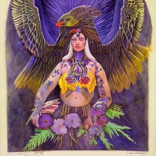 Image similar to the raven gods, by Annie Swynnerton and Nicholas Roerich and Diego Rivera, bioluminescent skin, tattoos, wings made out of flowers, elaborate costume, geometric ornament, symbolist, cool colors like blue and green and violet, smooth, sharp focus, extremely detailed