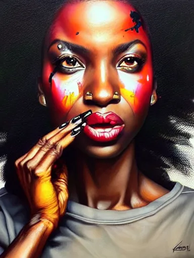 Prompt: portrait of an black woman painted by artgerm, karol bak, artur bordalo, sandra chevrier : : portrait, vibrant, character, illustration, hyperrealism