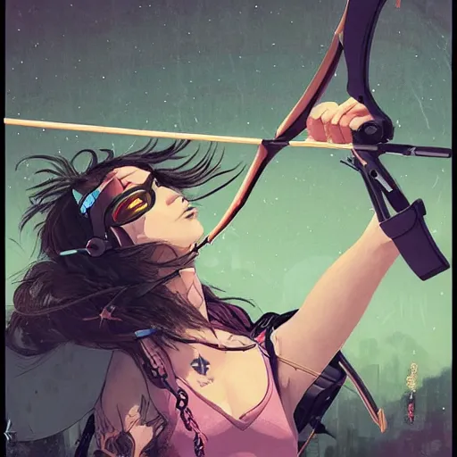 Image similar to close up, attractive sports woman in archery, arrows and bow in action, a grungy cyberpunk anime, very cute, by super ss, curly pink hair, night sky by wlop, james jean, victo ngai, highly detailed