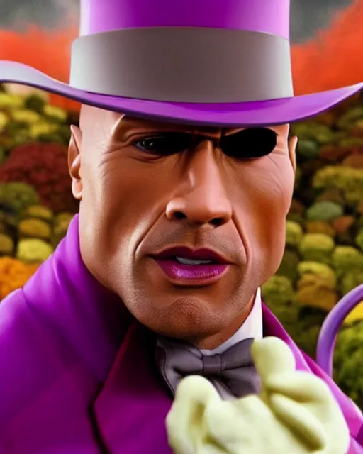 Image similar to Film still close-up shot of Dwayne Johnson as Willy Wonka from the movie Willy Wonka & The Chocolate Factory. Photographic, photography