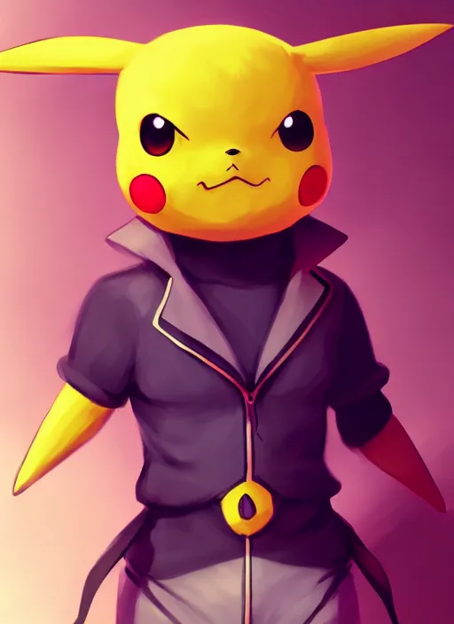 Image similar to a portrait of humanization of pikachu from pokemon show, grim - lighting, high - contrast, intricate, elegant, highly detailed, digital painting, artstation, concept art, smooth, sharp focus, illustration