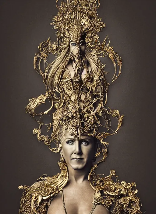 Prompt: a portrait of jennifer aniston by stefan geselle and nekro borja, photorealistic, intricate details, hyper realistic, fantasy, elegant, baroque gold headpiece, photorealistic, canon r 3, photography, wide shot, symmetrical features, symmetrical pose, wide angle shot, head to toe, standing pose, feet on the ground, wearable art