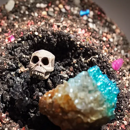 Image similar to mini dinosaur skeleton inside a geode of multi-colored crystals