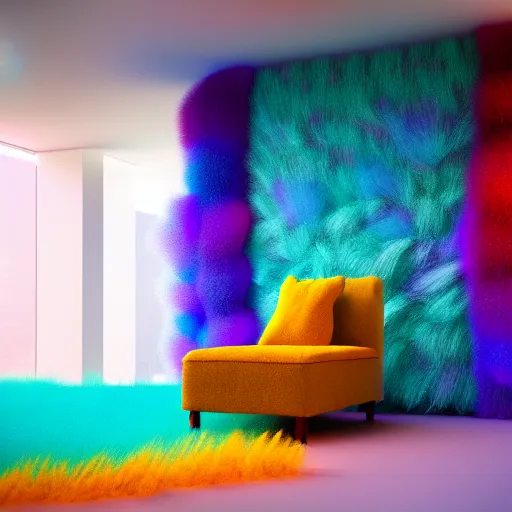 Image similar to : colorful abstract fuzzy sculpture on the wall in modern architecture, cinematic lighting, hyper - realistic, detailed, render by c 4 d octane, unreal engine, 8 k 3 d render