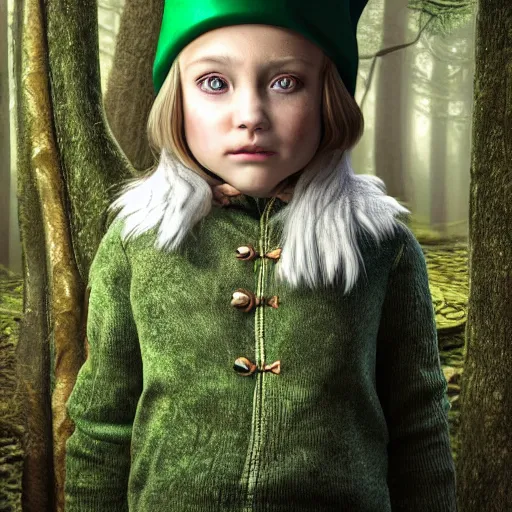 Prompt: Portrait photograph, highly detailed child wearing green elf hat, standing in an enchanted woodland forest with mist, ultra realistic facial features, symmetrical face, dark, moody, cinematic, expressive, extremely detailed, intricate detail, elite, dynamic lighting, volumetric lighting, octane rendering, vray, ray tracing, unreal engine 5 rendering, Lumion rendering, 3D render, hyperrealistic, ultra-HD, refined rendering, ultra realistic, photo-realistic, real photography, cinema 4d, Redshift, s 1250, s 5000, uplight, rule of thirds, 16k