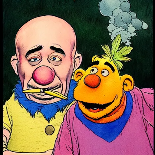 Prompt: a realistic and atmospheric watercolour fantasy character concept art portrait of bert and ernie with pink eyes smoking a huge blunt with a pot leaf nearby by rebecca guay, michael kaluta, charles vess and jean moebius giraud