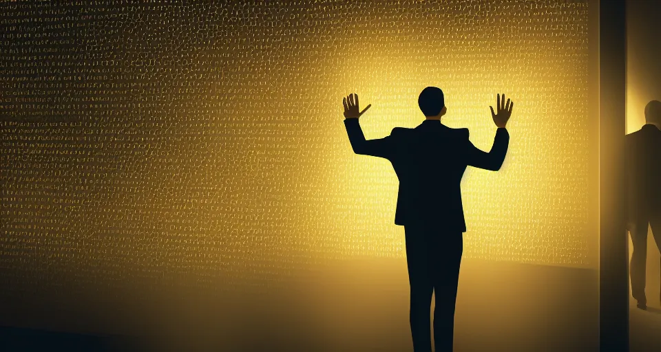 Image similar to Dramatic photo of a CEO waving to silhouettes of his coworkers in a futuristic office. Golden coins are levitating all around them. 8k, high detail, trending on Artstation, volumetric lighting, cyberpunk