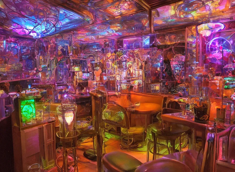 Prompt: telephoto 7 0 mm f / 2. 8 iso 2 0 0 photograph depicting the experience of chrysalism in a cosy cluttered french sci - fi ( art nouveau ) cyberpunk bar in a pastel dreamstate art cinema style. ( terrarium, computer screens, window ( city ), leds, lamp, ( ( ( piano ) ) ) ), ambient light.