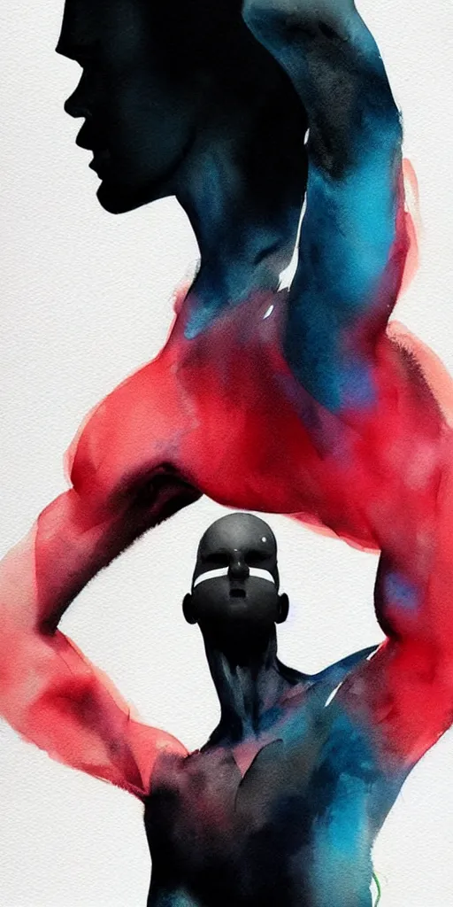 Image similar to closeup of one!!! athletic man posing dramatically with no face, no hair, black background, matte colors, by conrad roset, watercolor painting trending on artstation