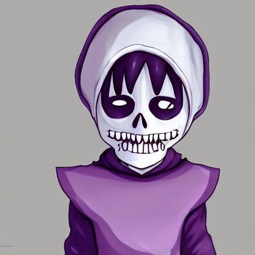 Image similar to cute little boy wearing an skull mask and dressed in an nun outfit, purple color palette, artwork made in western cartoon art syle, inspired in made in abyss and hirohiko araki, ray tracing, soft details