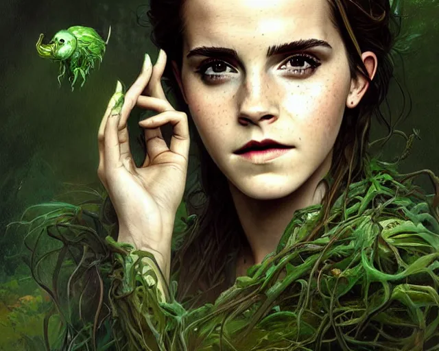 Image similar to mindblowing portrait of emma watson as a swamp witch, green skin, deep focus, d & d, fantasy, intricate, elegant, highly detailed, digital painting, artstation, concept art, matte, sharp, illustration, hearthstone, art by artgerm and greg rutkowski and alphonse mucha