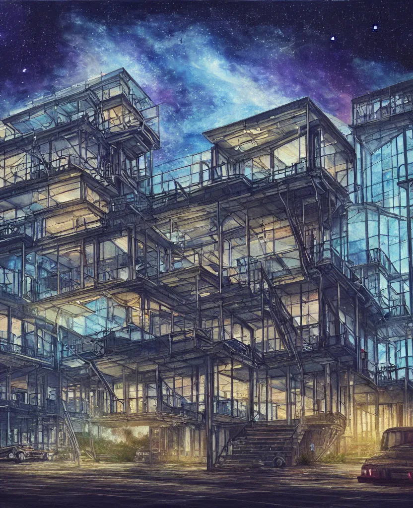 Prompt: a beautiful detailed painting of city building tiny home urbex industrial architecture unfinished building architecture nature abandoned by philip johnson, galactic gem liberty city nightsky poppy lightpaint futuristic, archdaily, wallpaper, highly detailed, trending on artstation.