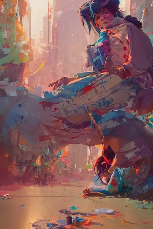 Image similar to trains covered colorful graffiti with paint drip, greg rutkowski, and moebius and loish and artgerm, painterly, illustration, sunset lighting, beautiful artist rendering, gorgeous