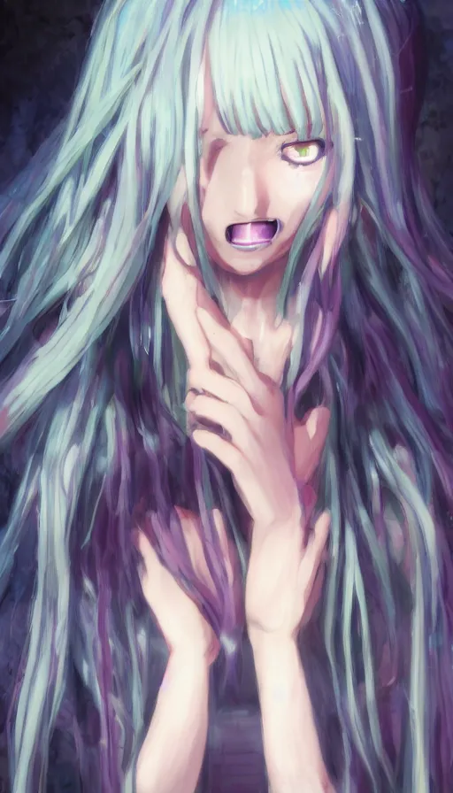 Prompt: ''frederica bernkastel from umineko when they cry, long blue hair, creepy art, fantasy artwork, concept art, artstation, digital paintting, 4 k''