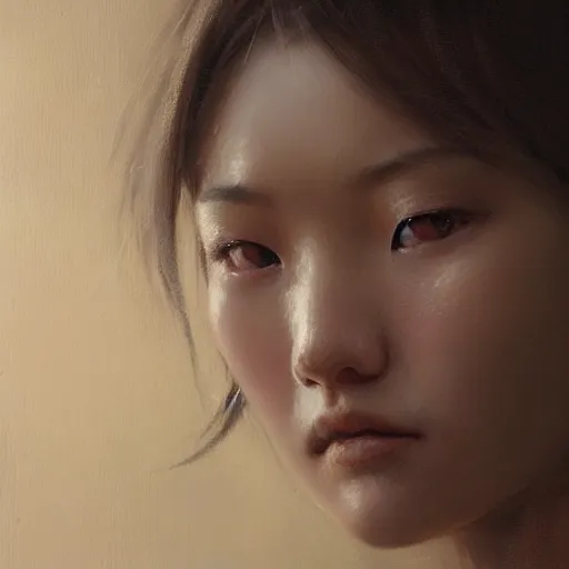 Image similar to perfect, realistic oil painting of close-up japanese girl face, by Greg Rutkowski, by an American professional senior artist, Hollywood concept, dynamic composition and motion, postproduction.