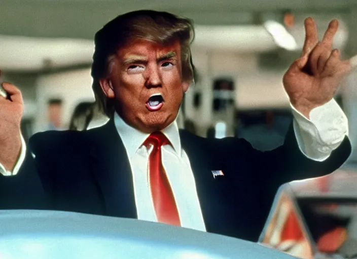 Image similar to film still of Donald Trump as Sonny in Dog Day Afternoon