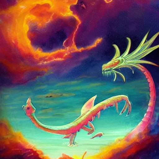 Prompt: sea dragon flying above the ocean colorful fantasy concept art - n 4