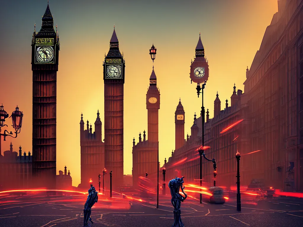 Image similar to a giant ancient beautiful cyborg of the elder gods with pipes and tubes in the city of London, London streets with bigben in the background, colourful, dramatic lighting, golden hour, very detailed octane render very realistic beautiful