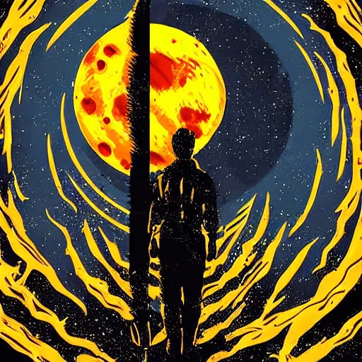 Image similar to nuclear blast moon eclipse, sci - fi, wet brush, poster art, illustrated in the style of joshy sly