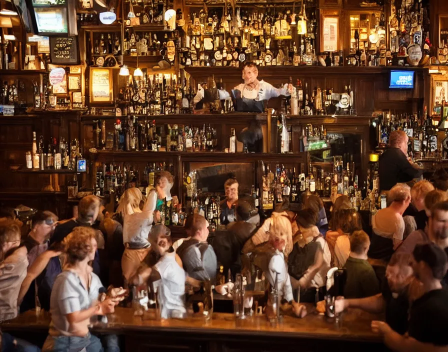 Prompt: an enormous toad standing at the bar, a crowd of people in an English pub