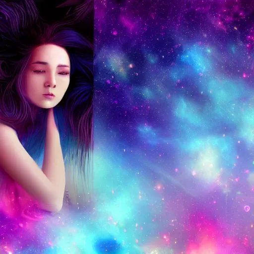 Image similar to photorealistic portraits of girl, blue hair, background with beautiful photography of nebula space wallpaper 8k