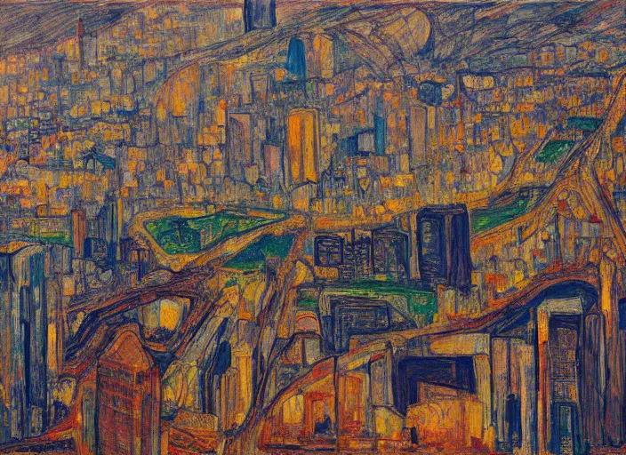 Image similar to a realistic San-Francisco cityscape, bird view, hills, Golden Gate, houses, parks, and hell bursting in style of Egon Schiele, Wayne Thiebaud and Frank Auerbach and Bosch