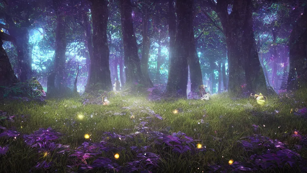 Prompt: beautiful lush ethereal magic mana ireland forest, night sky with dazzling stars, fairies, fireflies, bokeh, octane render, unreal engine, raytracing, crystallized, intricate, hyper detailed, light rays