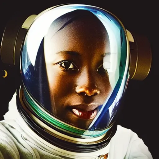 Prompt: “dark skinned astronaut wearing translucent helmet waving at the international space station nigerian woman facial features highly detailed professional photography 400mm fisheye in the style of Edward hooper”