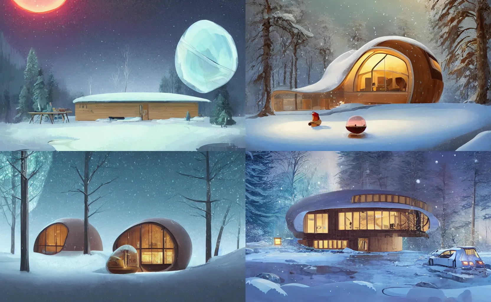 Prompt: a cosy wooden modern eco house shaped like a bubble with large windows in a snowy fir forest near a frozen pond in winter at night, peaceful and quiet, cozy, aurora borealis, detailed digital painting by goro fujita, by ghibli, by rhads, by raphael lacoste