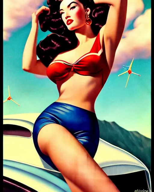 Image similar to beautiful retro space megan fox varga girl posing on a car in diesel punk city, windblown dark hair, retro pinup model, seductive, 1 9 4 0, hyper detailed, digital art, smooth, sharp focus, gil elvgren, anna dittmann alberto vargas,
