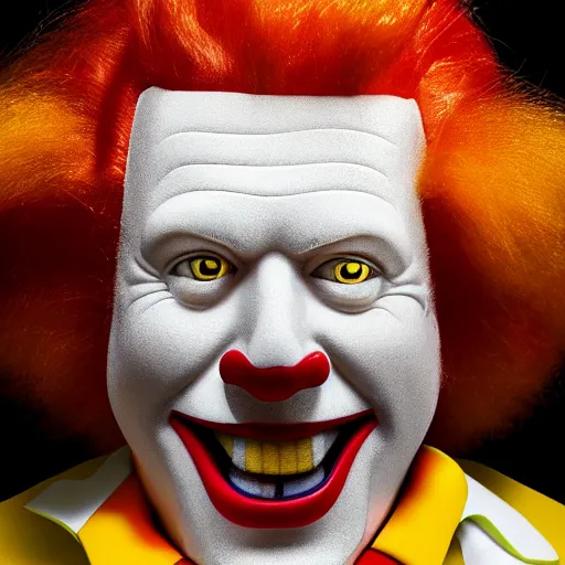 Image similar to photo portrait of ronald mcdonald with the face of gary busey, ronald mcdonald, realistic, hyperrealistic, 8 k resolution, hd quality, very detailed, highly detailed, intricate details, real life, real world, trending on artstation, digital art, really realistic, very realistic, headshot, head in frame, photograph, portrait