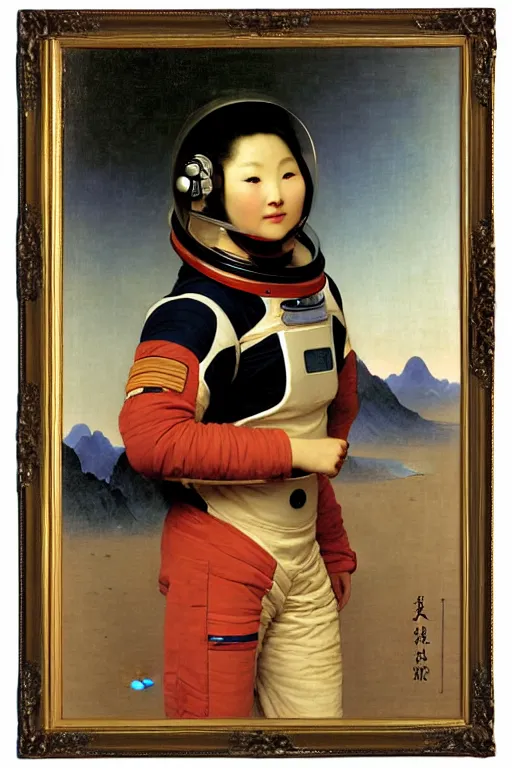 Image similar to portrait of a astronaut in astronaut closed helmet, chinese meticulous painting, by bouguereau