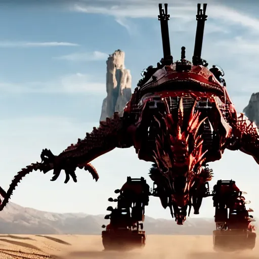 Image similar to cinematic still of westworld, a full body red stunning intricate si - fi robotic fantasy dragon, well armored mech dragon, highly detailed