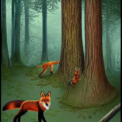 Image similar to a red fox and a ginger teen girl at dark forest where trees are huge, ultra realistic by ori toor and escher