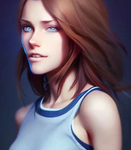 Image similar to portrait of a woman with blue eyes, brown hair and a perfect body, wearing casual, character design by charlie bowater, ross tran, artgerm, and makoto shinkai, detailed, soft lighting, rendered in octane