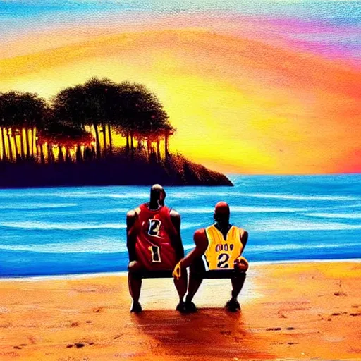 Image similar to lebron james and kobe bryant at the beach, golden hour, majestic painting, couple sitting facing the sunset, holding hands, 2 3, 2 5