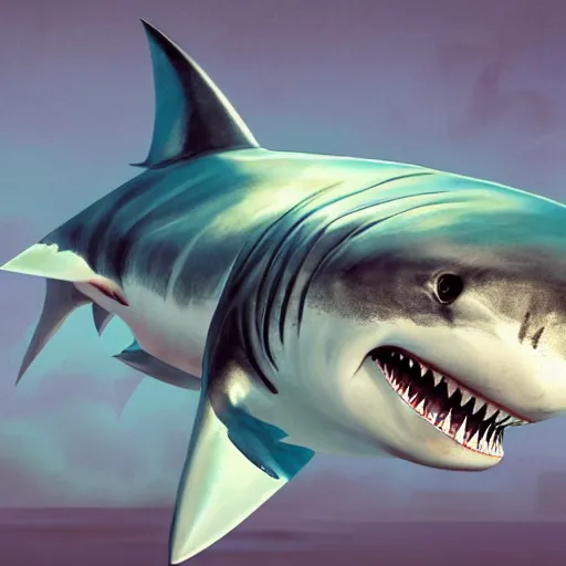 Image similar to great white shark tiger shark, side view, with a silver and orange striped traffic cone construction cone on its dorsal fin, ocean background detailed atmospheric - ron cheng & alphonse mucha, highly detailed, digital painting, ray tracing, concept art, illustration, smooth sharp focus, intricate, symmetry, artstation,