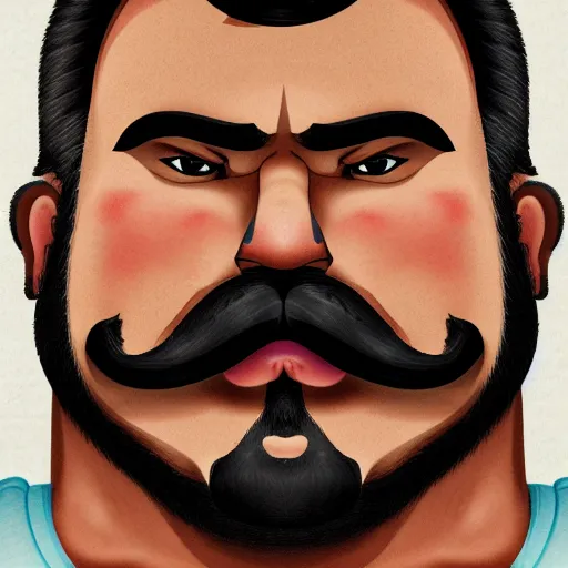 Image similar to face portrait a big beefy man with a large face, thick dark hair, a bushy black moustache, with hardly any neck and mean little eyes, highly detailed, sharp focus, trending on art station, colourful drawing