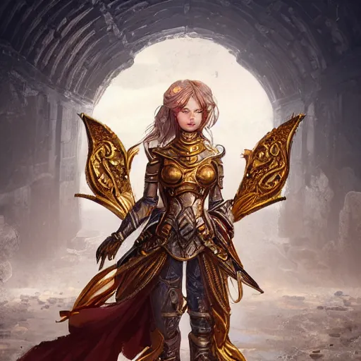 Prompt: portrait knights of Zodiac girl, golden and copper armor, in ruined Agora of Athens, ssci-fi, fantasy, intricate, very very beautiful, elegant, highly detailed, digital painting, artstation, concept art, smooth, sharp focus, illustration, art by tian zi and WLOP and artgerm