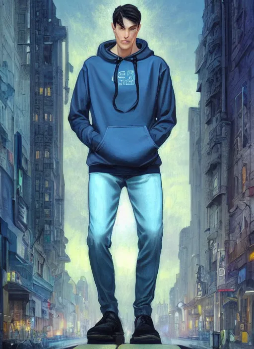 Image similar to handsome young man with short black hair, glowing light blue eyes, pale skin, wearing jeans and a black hoodie, detailed night time cityscape background, realistic painting by ross tran and gerald brom and alphonse mucha, ilya kuvshinov, svetlana tigai, artgerm, trending on artstation