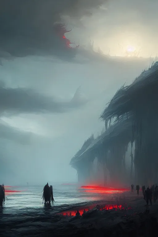 Image similar to bloody river in hell, by greg rutkowski, people walking into the horizon, trending on artstation