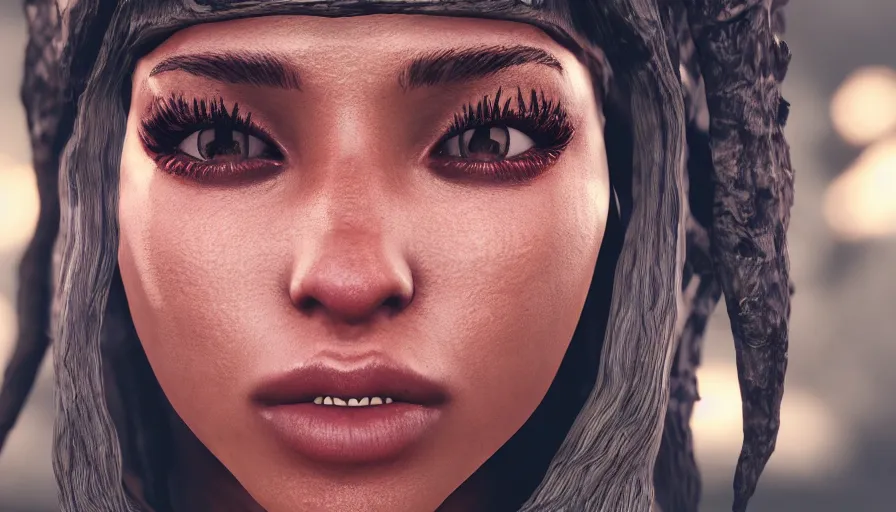 Image similar to closeup skyrim character screenshot of doja cat, solo portrait, enb, ambient occlusion, subsurface scattering, 4 k, bokeh, beautiful, detailed