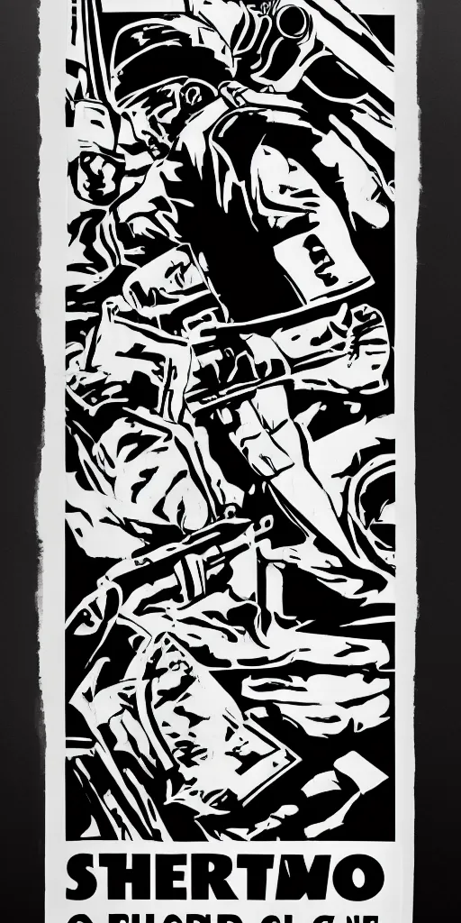 Prompt: propaganda poster for a studio with a chainsaw, black and white, street printed poster, socialist,