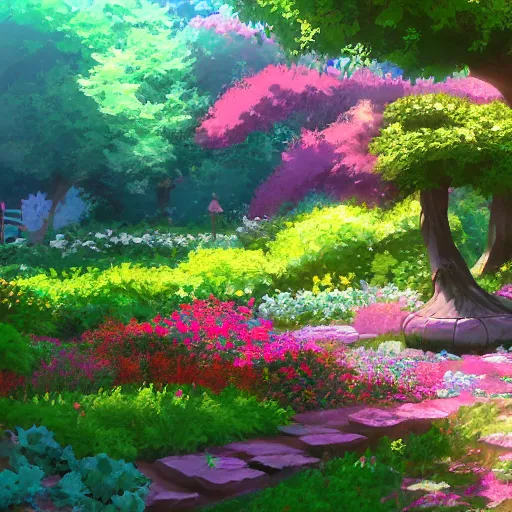 Image similar to a digital painting depicting a beautiful garden from an anime movie, in the style of Tue Tue on ArtStation, cinematic render, 4k,